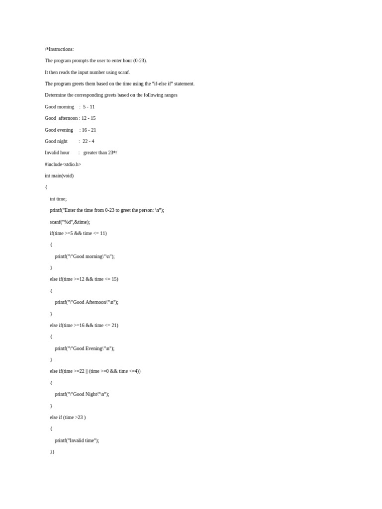 Time-Based Greeting Program in C | PDF