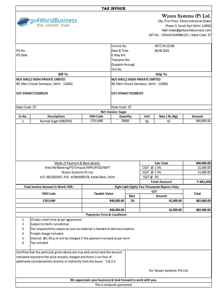 Invoice WCT08 Shellz India | PDF | Invoice | Taxation
