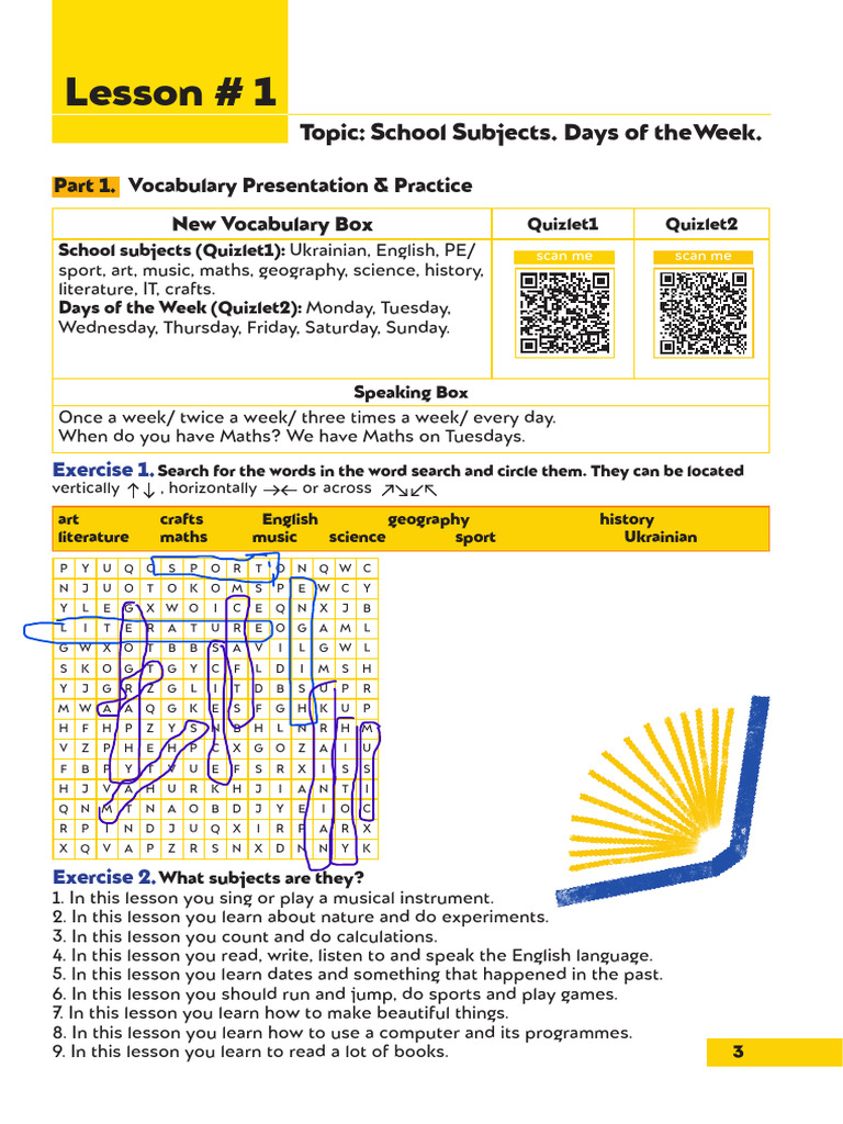 School Subjects and Days Vocabulary | PDF