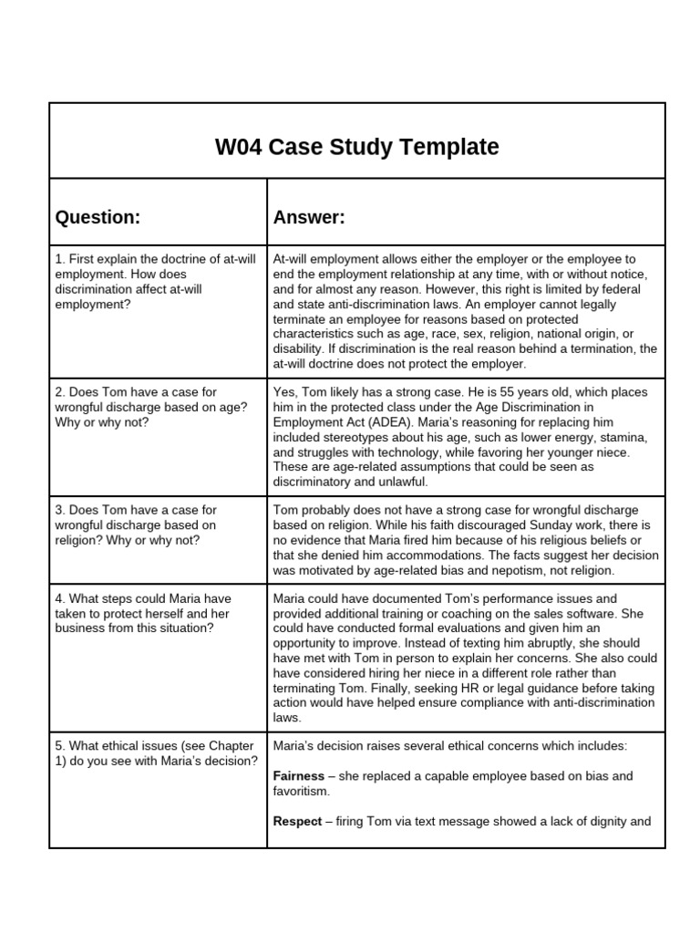 At-Will Employment and Discrimination Case Study | PDF | At Will ...