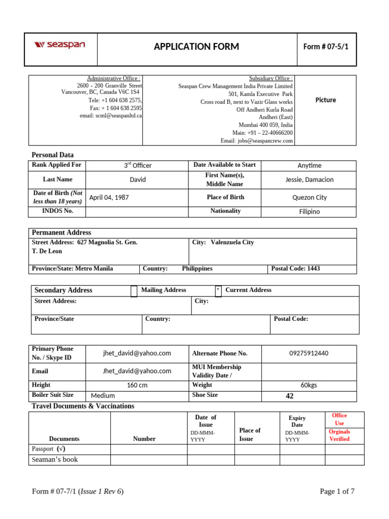 3rd Officer Application Form for Seaspan | PDF