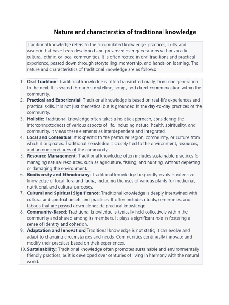 Characteristics and Importance of Traditional Knowledge | PDF ...