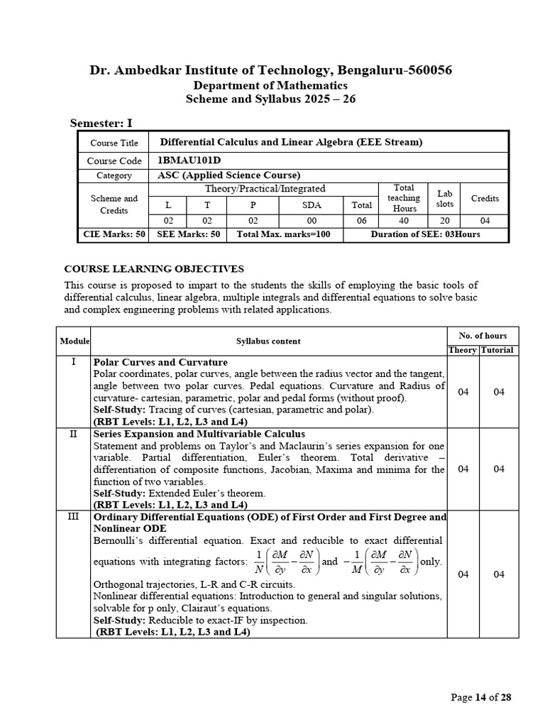I-Sem Maths Syllabus Eee-Stream | PDF | Equations | Ordinary ...