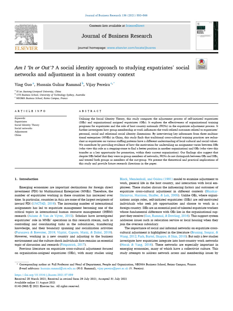 Am I in or Out'? A Social Identity Approach To Studying Expatriates ...