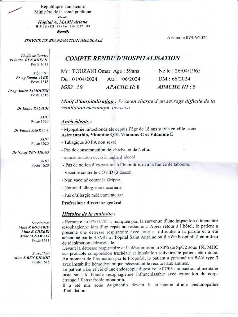 Année 2024-06-07-Compte Rendu D'hospitalisation a-MAMI Ariana | PDF