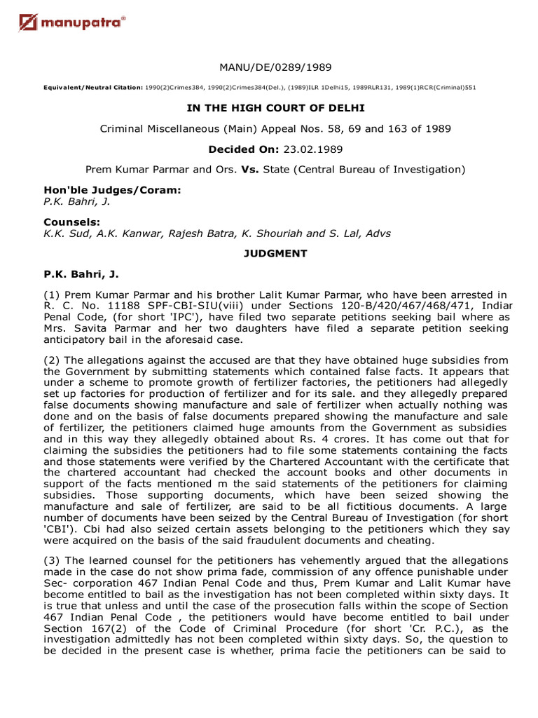 Delhi High Court Bail Ruling on Fraud Case | PDF | Bail | Forgery