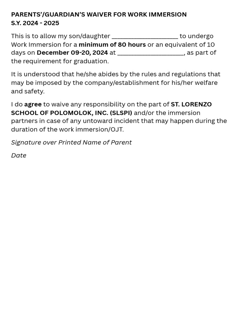 Work Immersion Waiver Form 2024-2025 | PDF