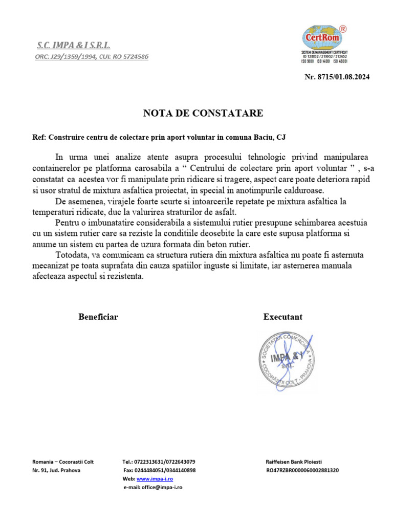 Nota de Constatare - Centru de Colectare Prin Aport Voluntar Baciu | PDF