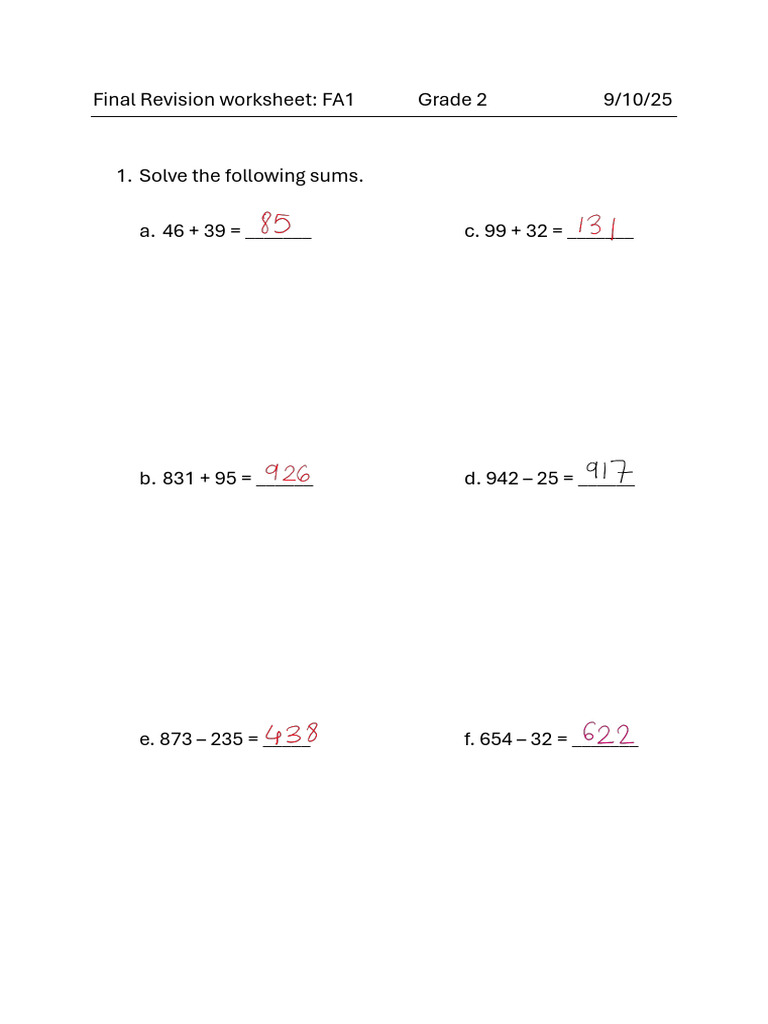 Grade 2 Math Final Revision Worksheet | PDF