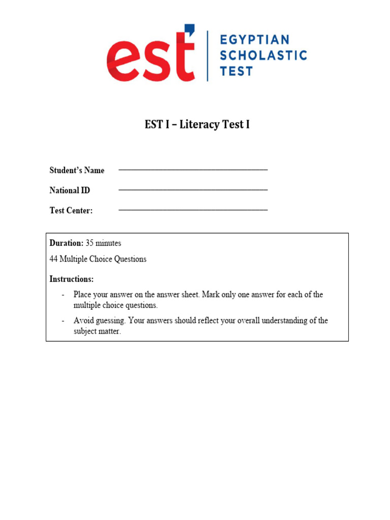 Literacy Test I: Multiple Choice Format | PDF | Technological ...