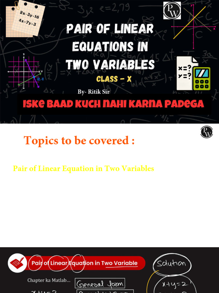 Pair of Linear Equation in Two Variables Class Notes | PDF