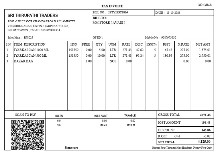 Tax Invoice for SRI THIRUPATHI TRADERS | PDF