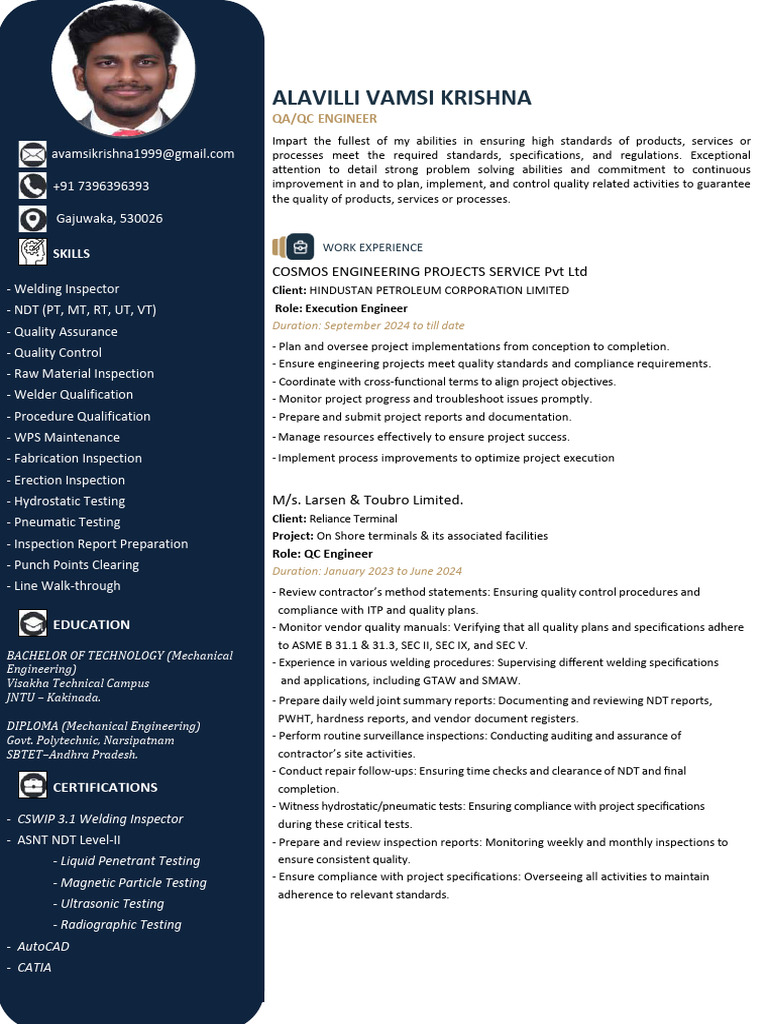 Vamsi QC Engineer | PDF | Nondestructive Testing | Quality Assurance