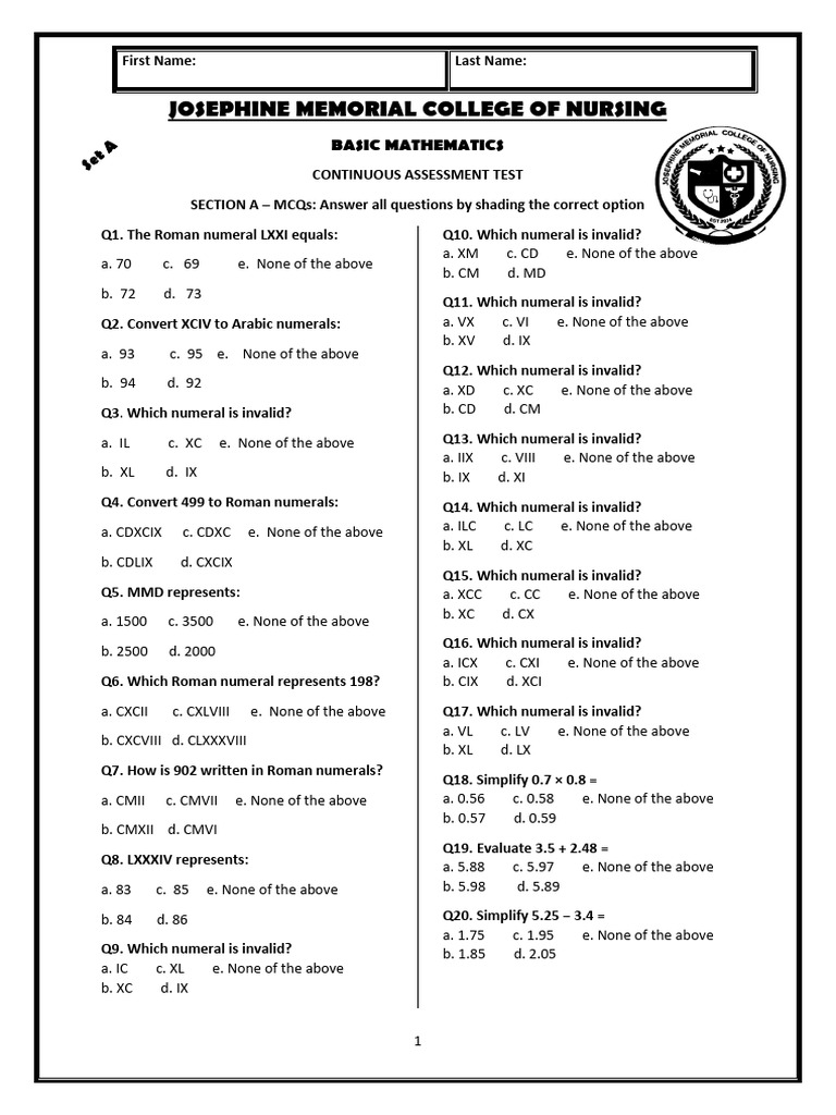 Nursing College Basic Math Assessment | PDF | Odds | Multiple Choice