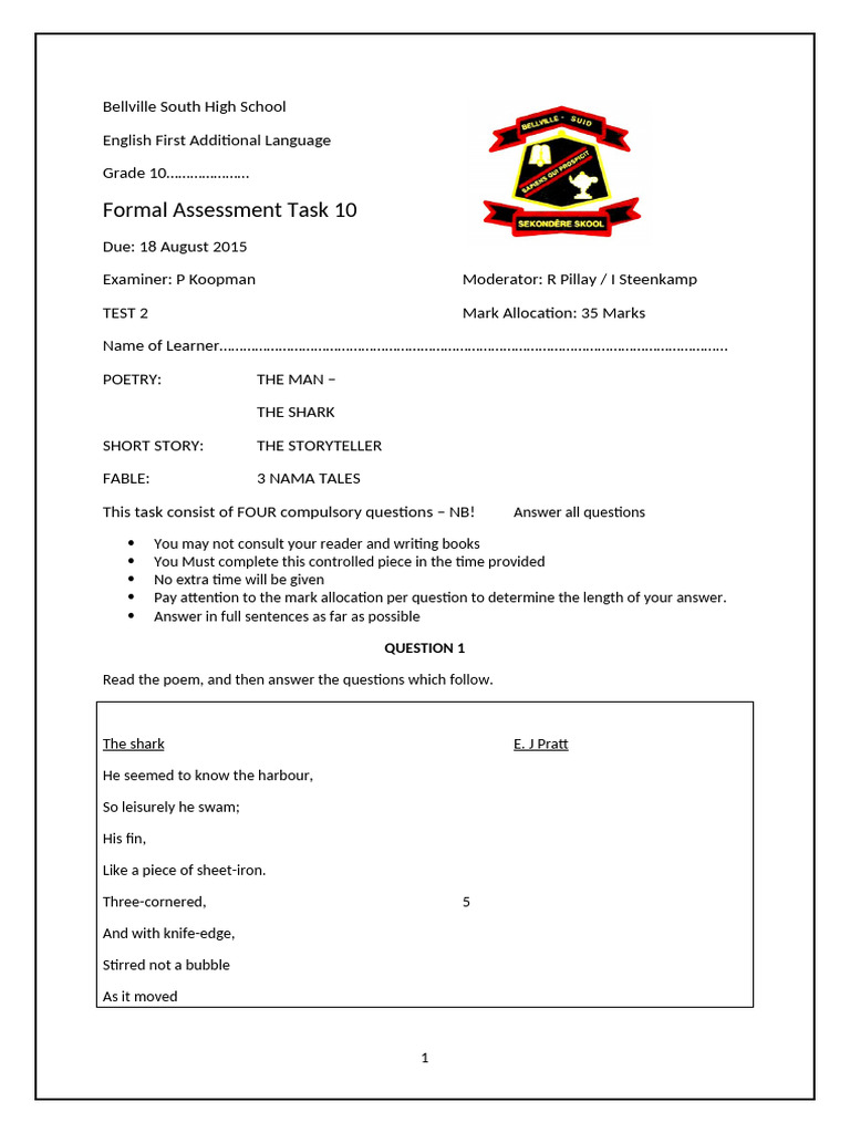 Grad 10 Sept Lit Task 9 FAL | PDF