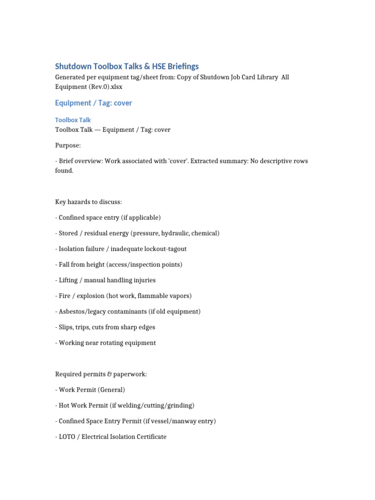 Shutdown Toolbox Talks & HSE Briefings | PDF | Occupational Safety And ...