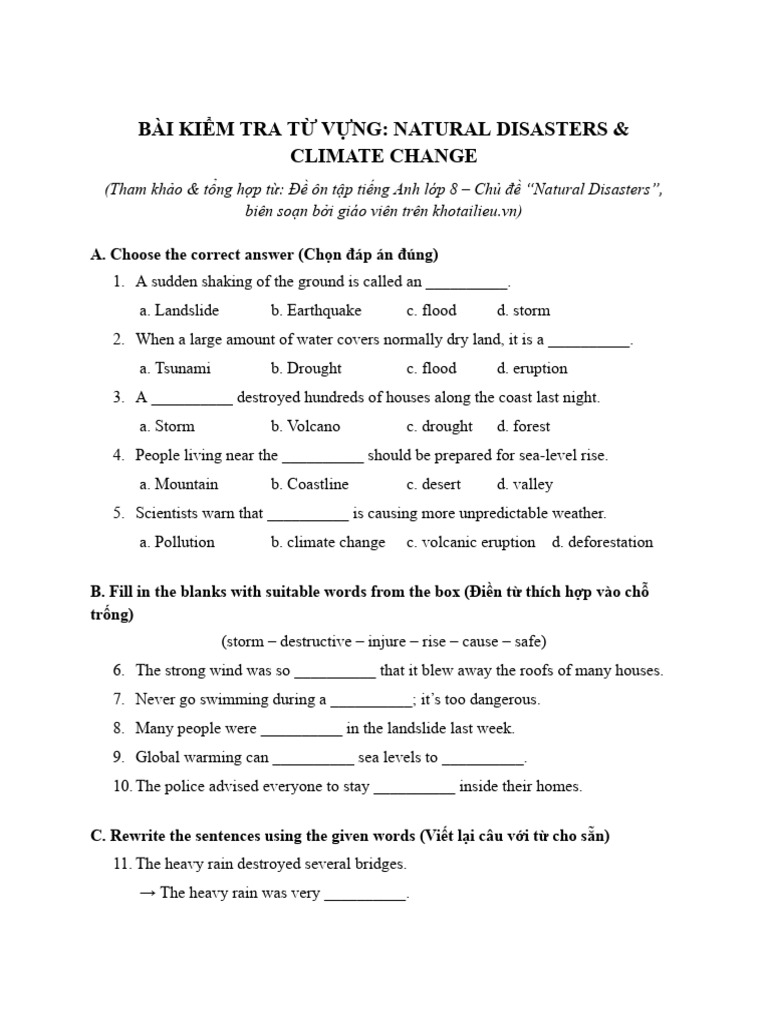 Vocabulary Test: Natural Disasters | PDF