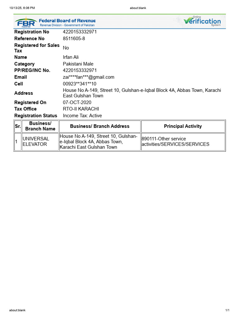 Irfan Ali Tax Registration Details | PDF
