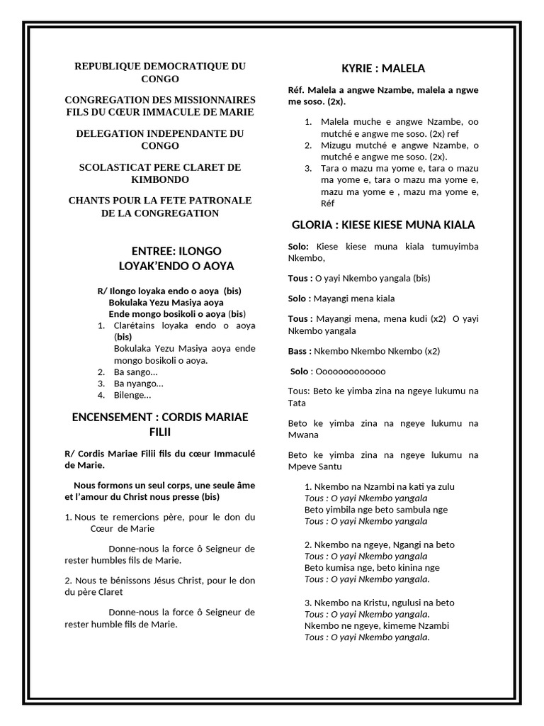 Chants pour la Fête Patronale des Claretains | PDF | Marie, mère de ...