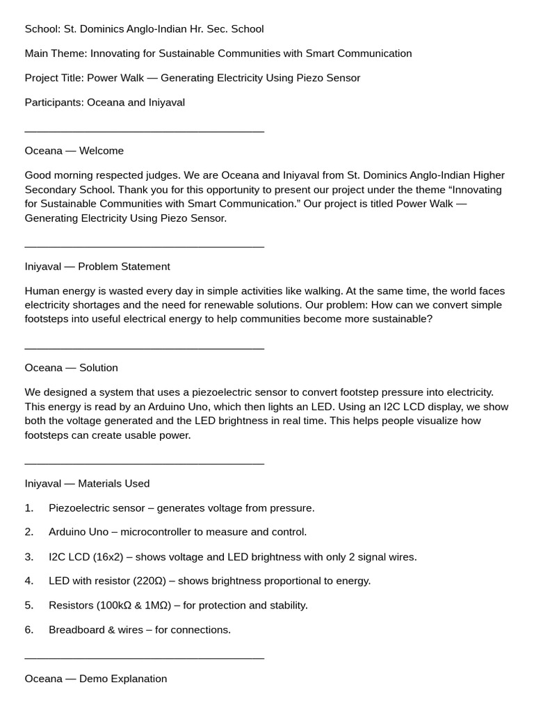 Power Walk: Piezoelectric Energy Solution | PDF | Arduino | Light ...