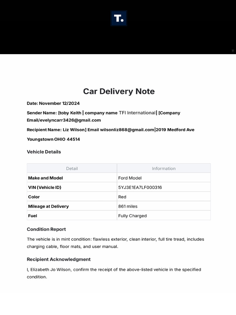 Free Car Delivery Note Template | PDF