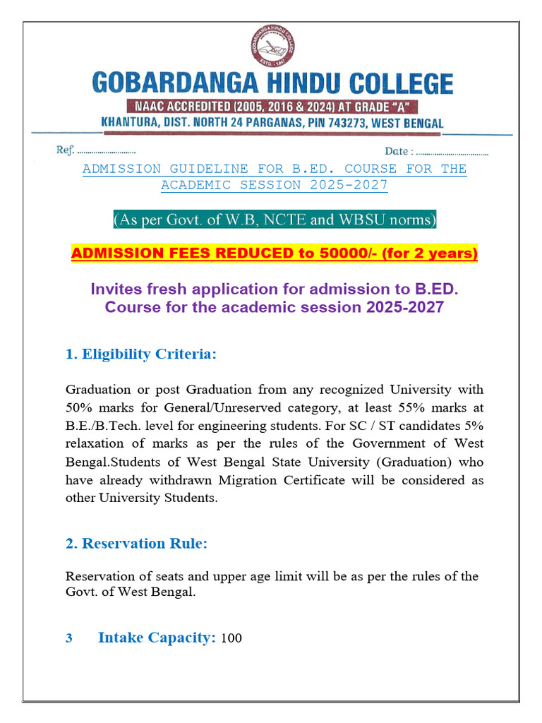 Admission Guideline For Bed Course For The Academic Session 2024-2026 | PDF