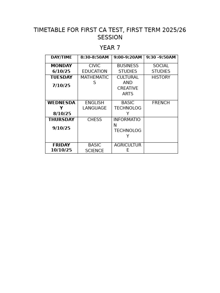 Timetable For First CA Test or Year 7 | PDF