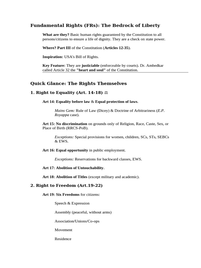 Micro Notes For Fundamental Rights | PDF | Political Charters | Justice