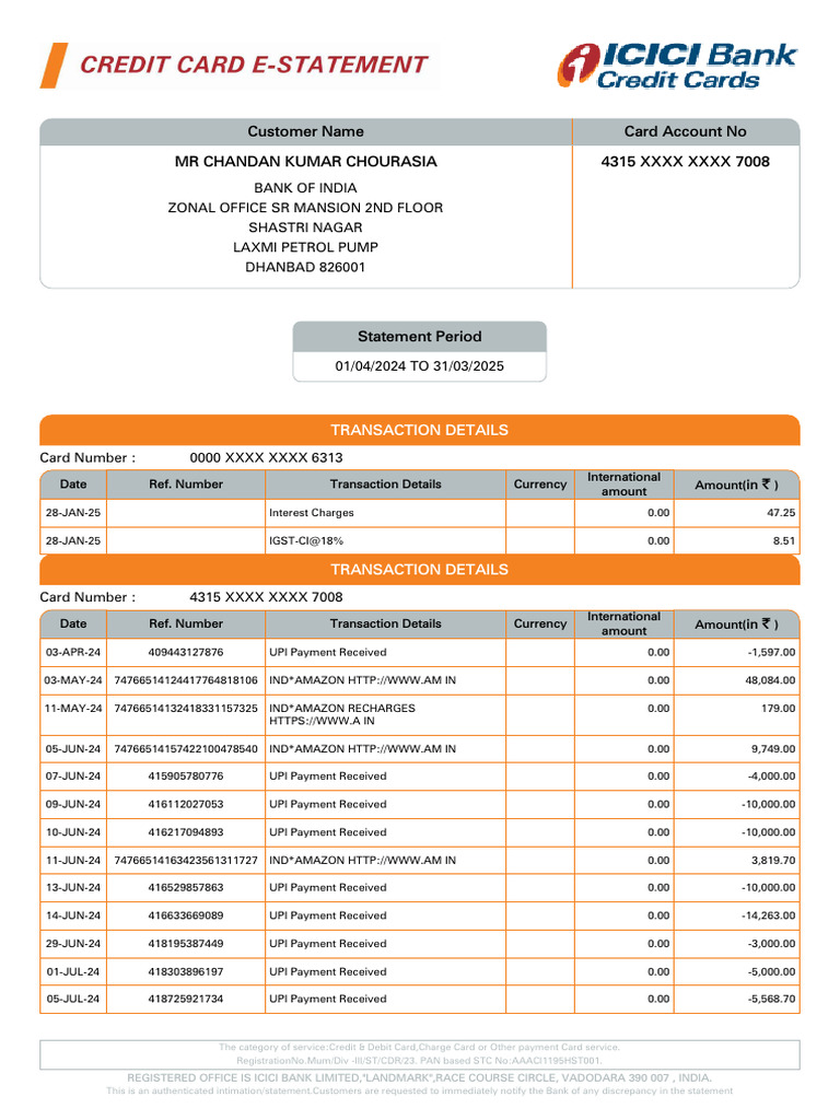 ICICI Bank Credit Card Statement 2024 | PDF | Credit Card | Payments