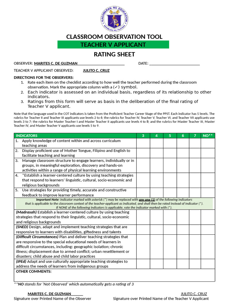 Teacher V Classroom Observation Rating | PDF | Teachers | Learning