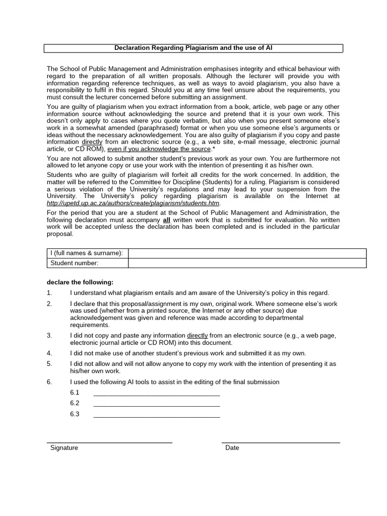 Plagiarism Declaration for Students | PDF | Plagiarism