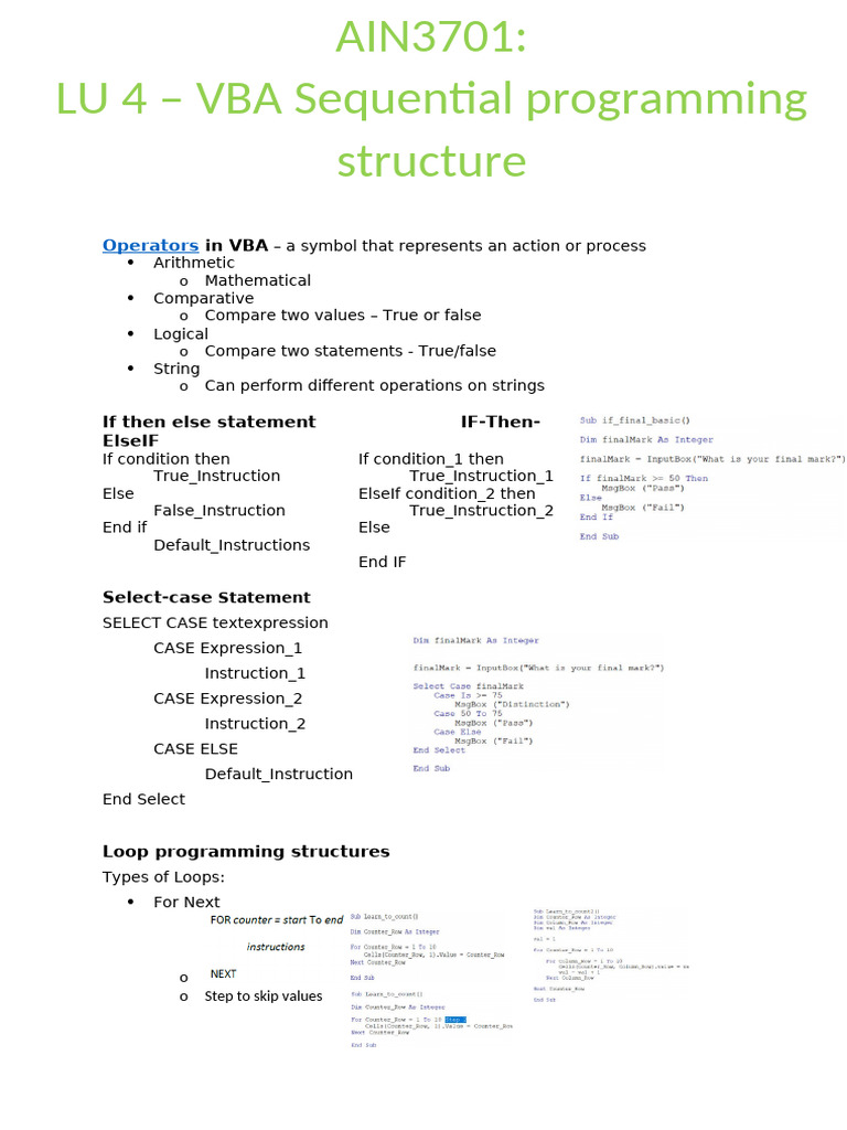 VBA Operators and Control Structures | PDF