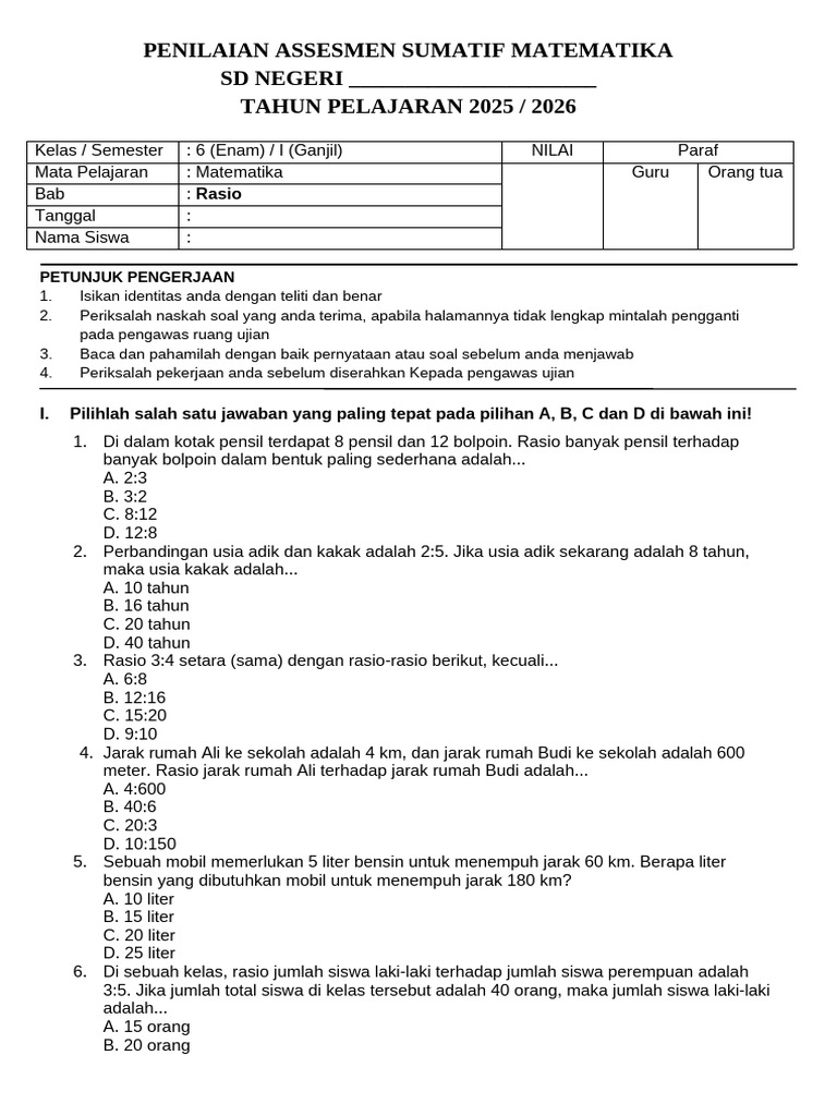 Soal dan Jawaban Rasio Matematika SD | PDF