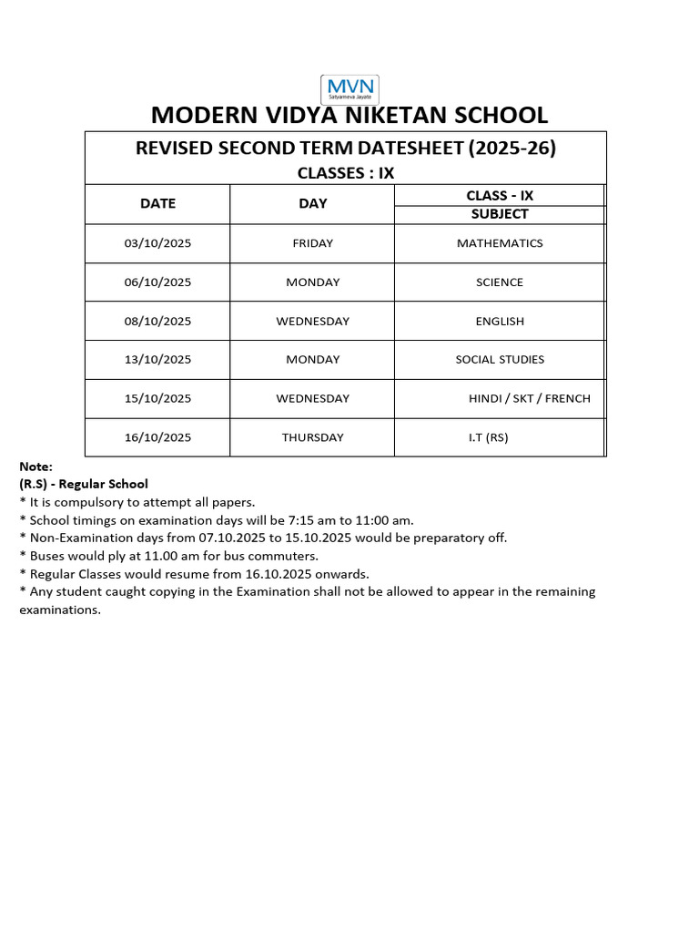 Class IX Revised Term Datesheet 2025-26 | PDF