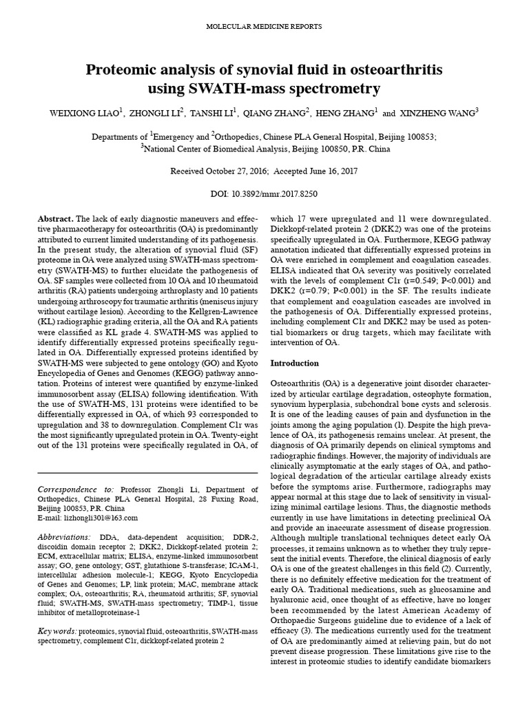 Proteomic Analysis of Osteoarthritis SF | PDF | Mass Spectrometry ...