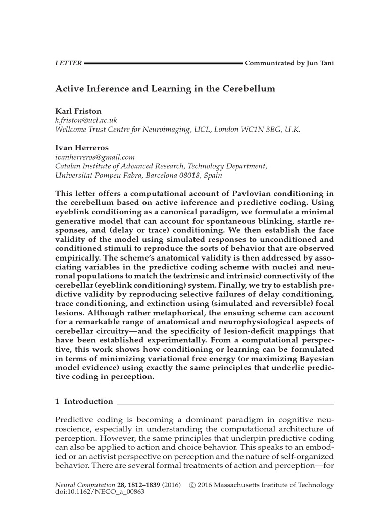 Active Inference and Learning in The Cerebellum | PDF | Cerebellum ...