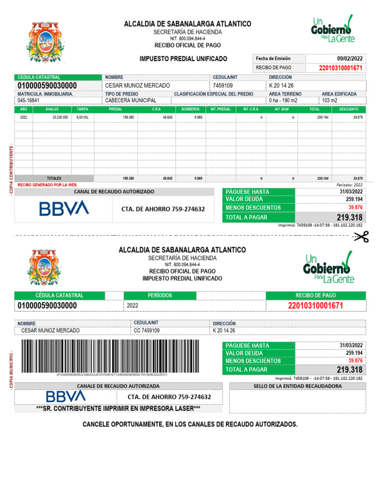 Recibo Impuesto Predial Sabanalarga 2022 | PDF | Finanzas del gobierno