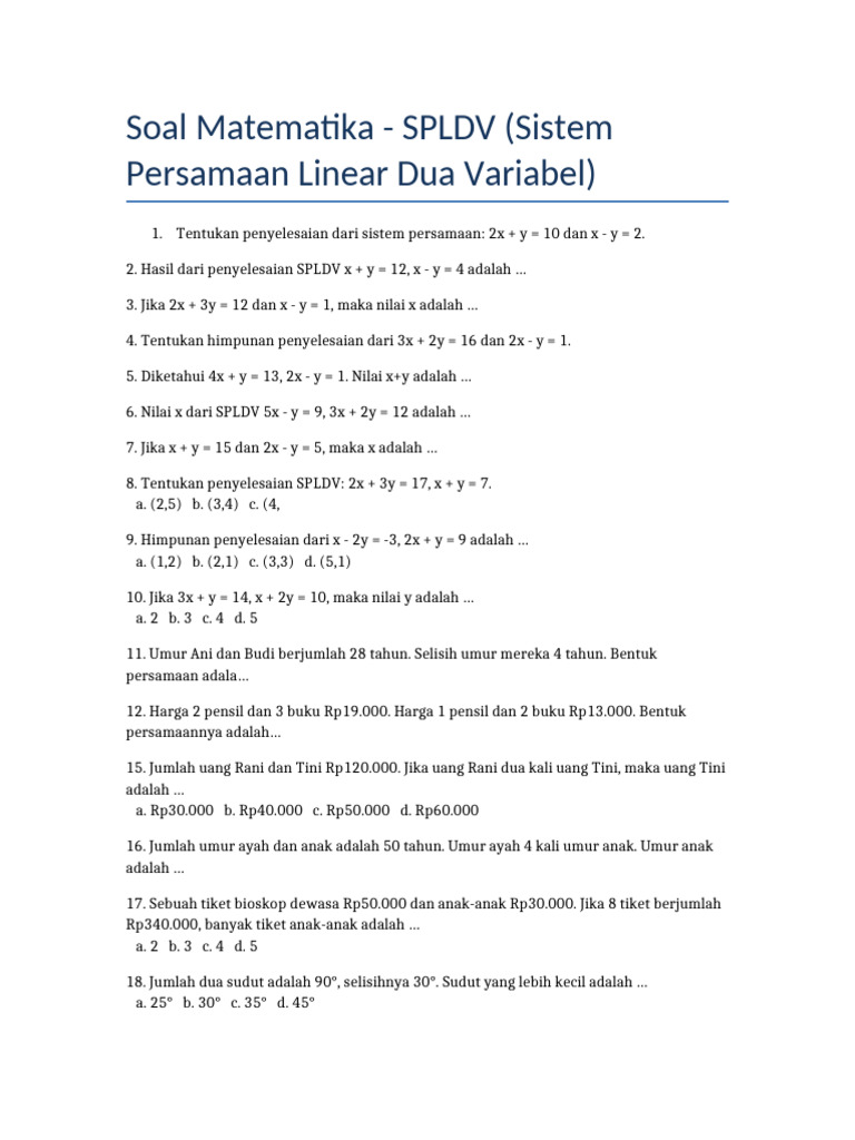 Soal SPLDV Matematika dan Penyelesaian | PDF