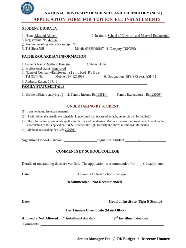 NUST Tuition Fee Installment Application | PDF