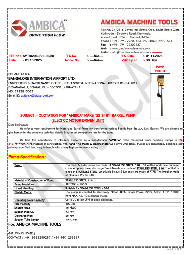 Quotation for SS316 Barrel Pump | PDF | Pump | Pipe (Fluid Conveyance)
