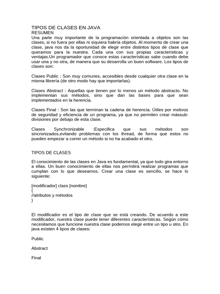 Material Examen 2do Parcial Tipos de Clases en Java | PDF | Java ...