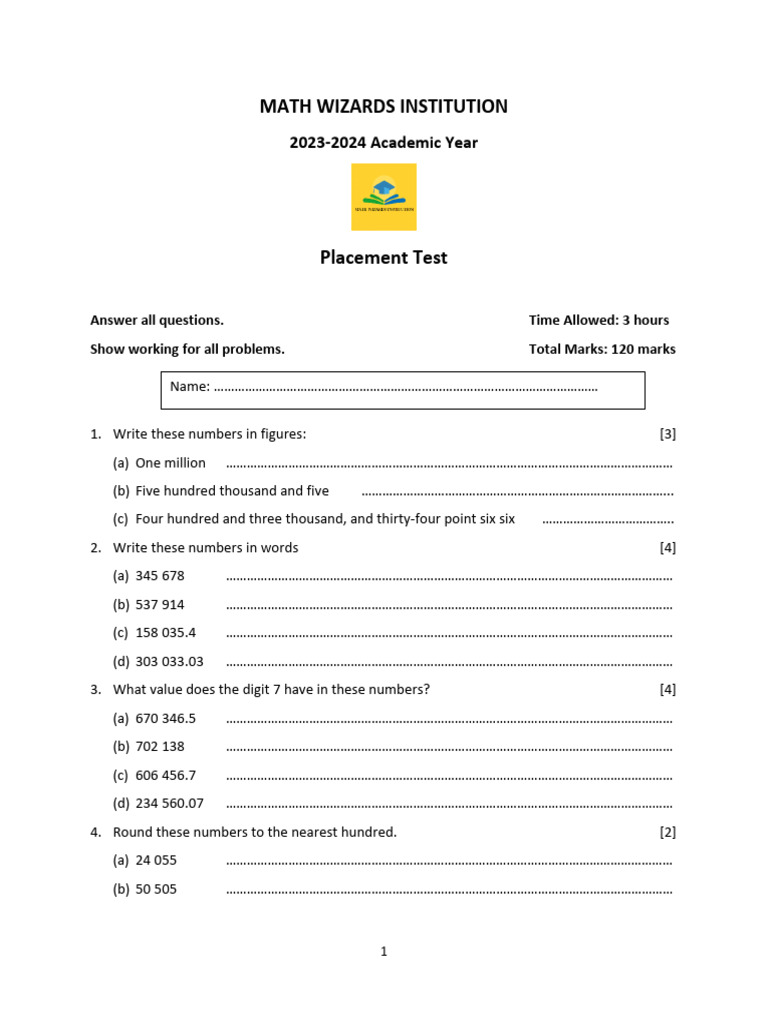 Maths Placement Test For Kelvin | PDF | Elementary Mathematics ...