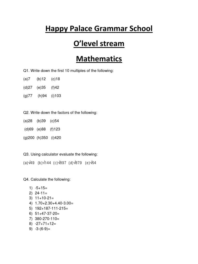 Math Exercises for O'Level Students | PDF