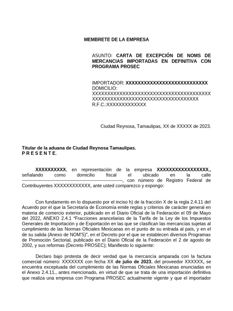 Carta de Excepción de NOMS PROSEC | PDF | Economias