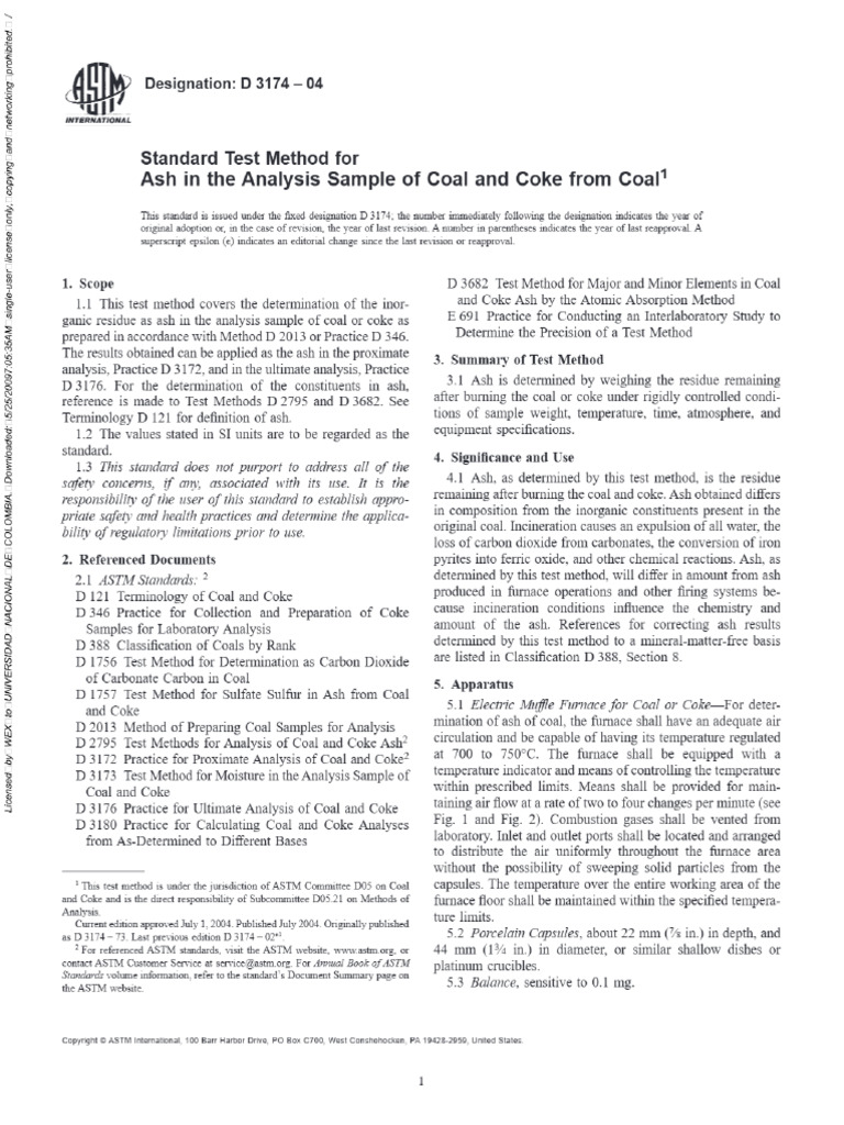 ASTM D 3174-04 - Ash | PDF