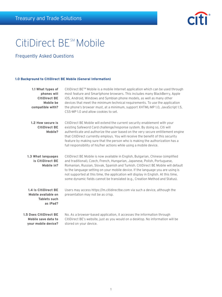 CitiDirect BE Mobile FAQs Guide | PDF | Smartphone | Payments