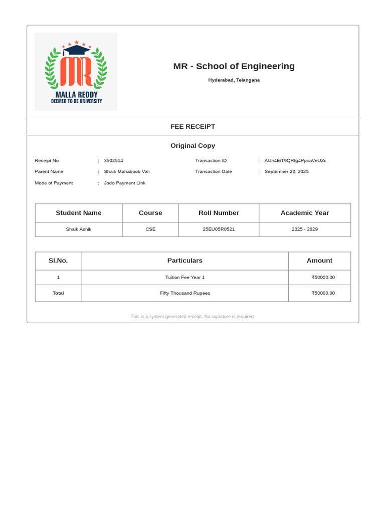 School of Engineering Fee Receipt | PDF