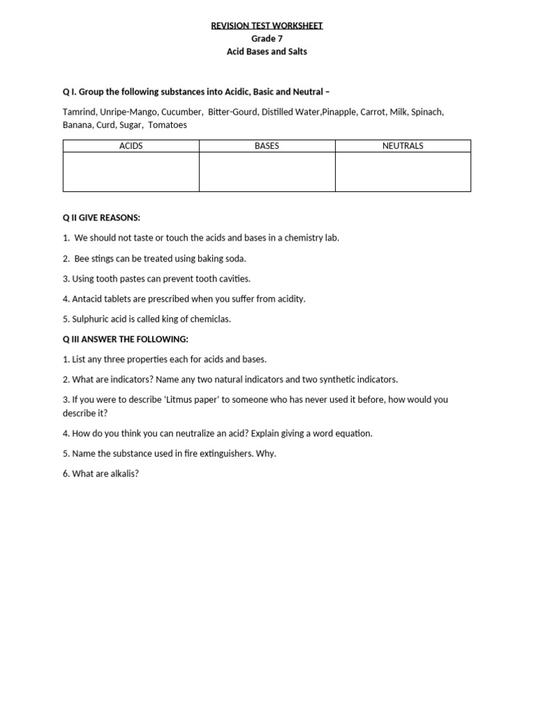 Acids & Bases - Test Worksheet | PDF