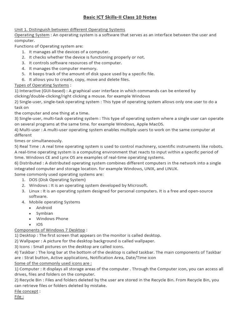 Class 10 ICT Skills: Operating Systems & Maintenance | PDF | Operating ...