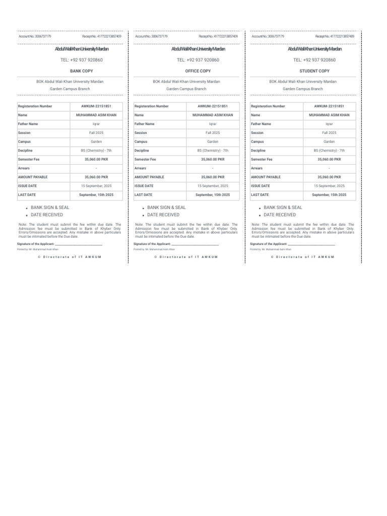 AWKUM Fall 2025 Fee Receipt Details | PDF